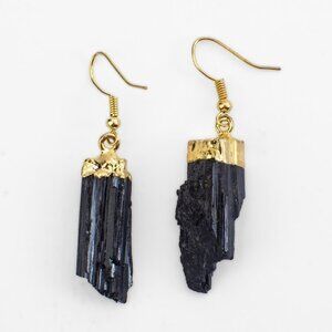 Black Tourmaline Protection Rough Earrings with Gold Trim Grounding Positivity